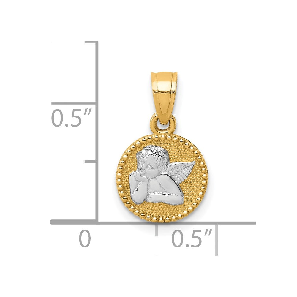 and Rhodium Small Polished and Textured Round Angel Pendant - WBC
