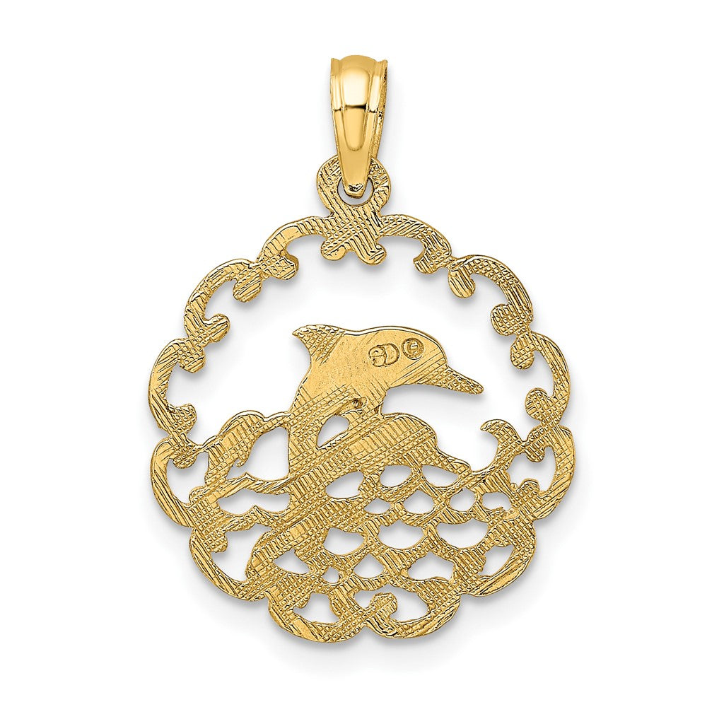 Cut-out Jumping Dolphins in Scalloped Circle Pendant - WBC