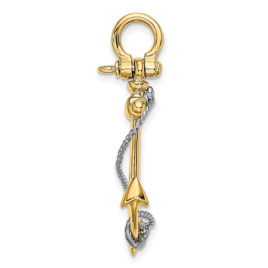 Two-tone Large 3-D Anchor with Long T-Bar and Rope with Shackle Bail Pendant - WBC