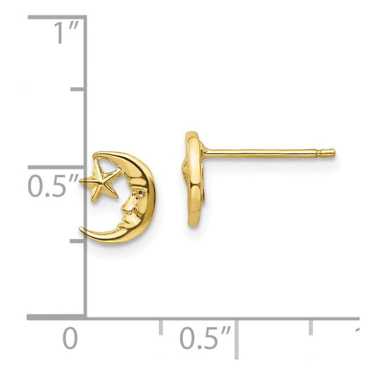 10K Gold Moon & Star Stud Earrings, 8mm