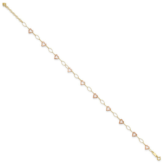 14K Two-Tone Gold Hammered Open Hearts & Oval Link Anklet, 1.75mm