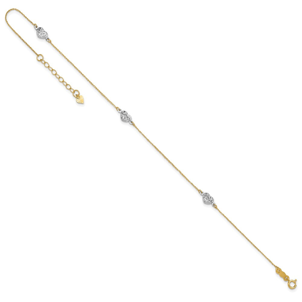 Two-tone Diamond-cut Triple Puffed Hearts Plus Extender - Total Anklet - WBC
