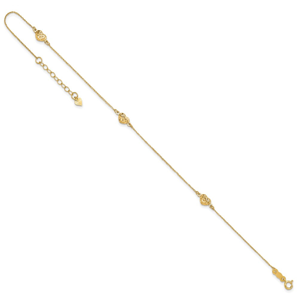 Polished Diamond-cut Triple Puffed Hearts Plus Extender - Total Anklet - WBC
