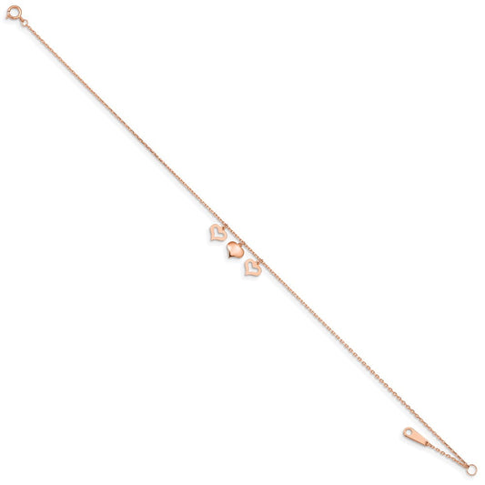 14K Rose Gold 3 Heart Dangles Anklet, 1mm, Spring Ring Clasp