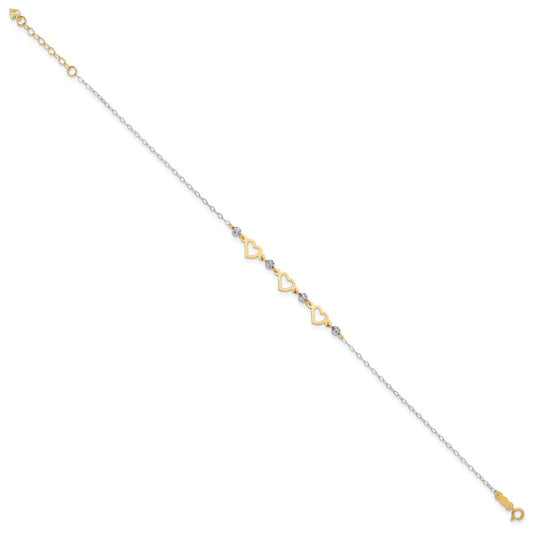 Two-tone Three Hearts and Diamond-cut Beads Plus Extender - Total Anklet - WBC