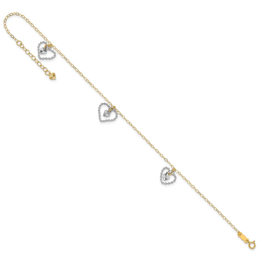 Two-tone Twisted Diamond-cut 3 Heart Dangles Plus Extender - Total Anklet - WBC