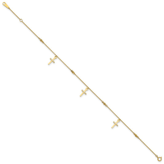 14K Gold Diamond-cut 3 Cross Dangles & Beads Anklet, 1mm, Spring Ring Clasp
