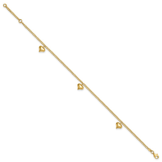 Polished Curb Chain with 3 Puffed Heart Dangles Plus Extender - Total Anklet - WBC