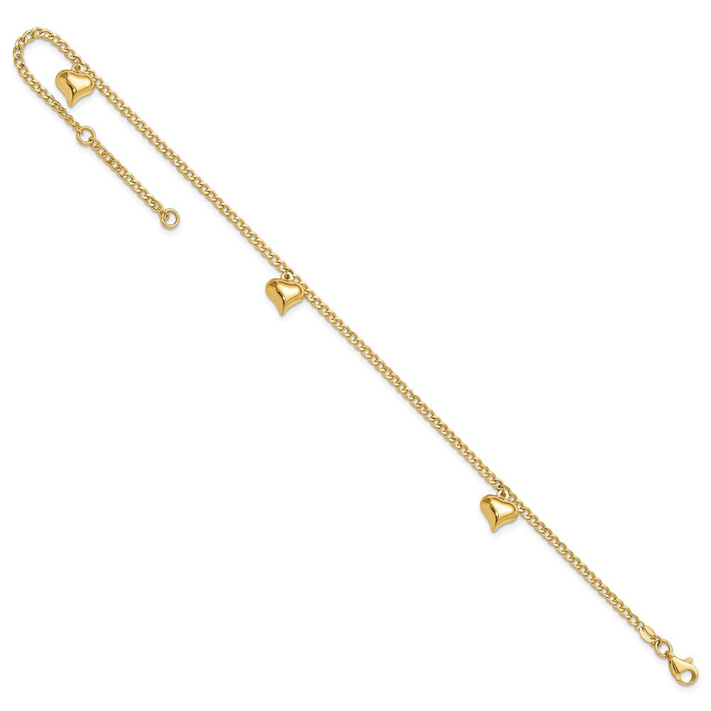 Polished Curb Chain with 3 Puffed Heart Dangles Plus Extender - Total Anklet - WBC