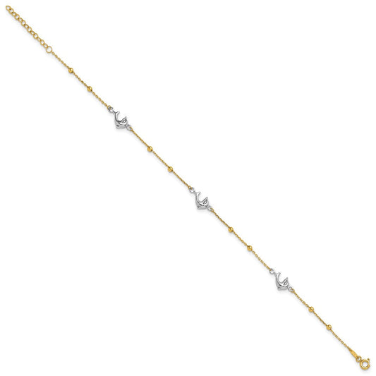 14K Two-Tone Gold Beads & Three Dolphins Anklet, 0.9mm, Spring Ring Clasp