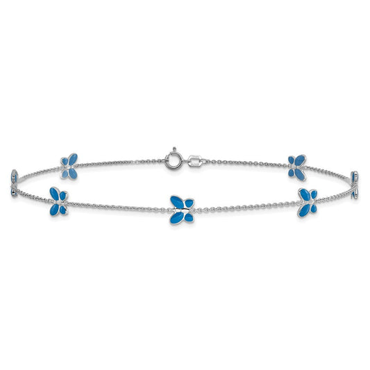 14K Solid White Gold Blue Enamel Butterflies 7-Station Anklet, 1mm