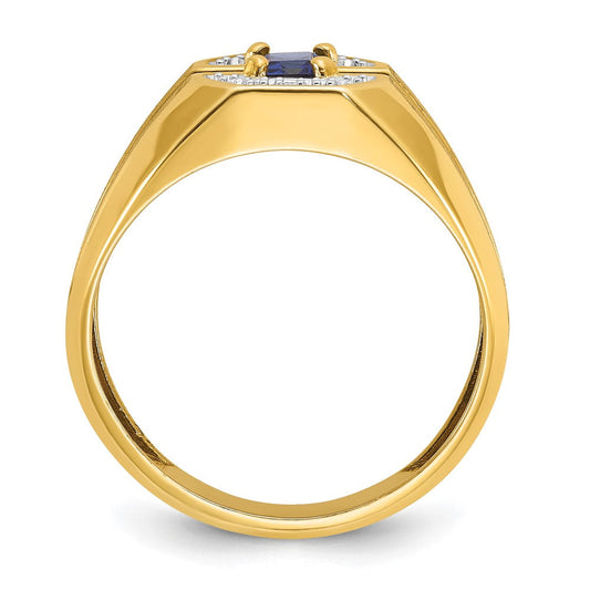 IB Goodman Men's 14K Gold Admiral Octagon Lab Created Sapphire & 1/20 ct Diamond Satin Ring