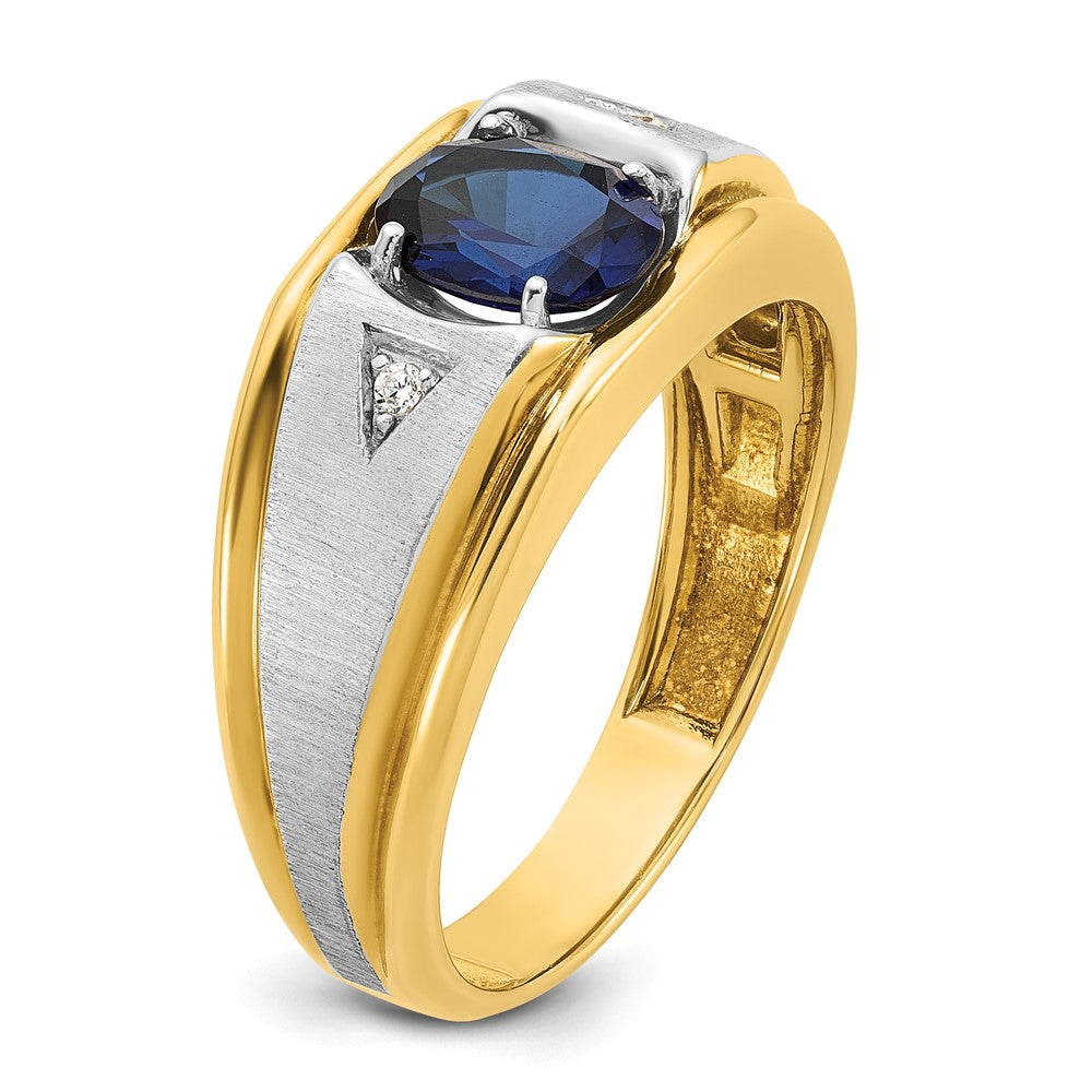 IB Goodman Two-tone Mens Polished Satin and Grooved Oval Lab Created Sapphire and AA Quality Diamond Ring - WBC