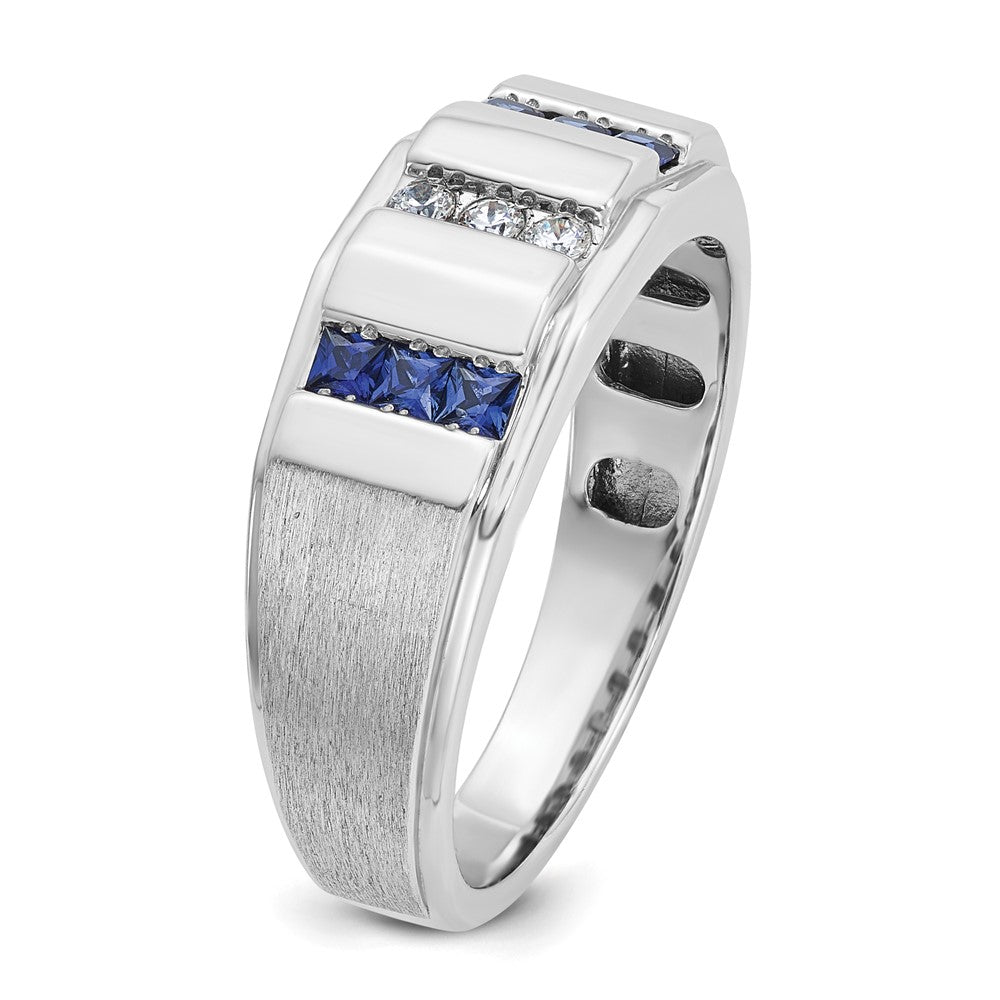 IBGoodman Men's Polished and Satin 3-Row Lab Created Sapphire and 1/10 Carat AA Quality Diamond Ring - WBC