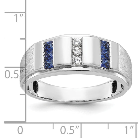IBGoodman Men's Polished and Satin 3-Row Lab Created Sapphire and 1/10 Carat AA Quality Diamond Ring - WBC