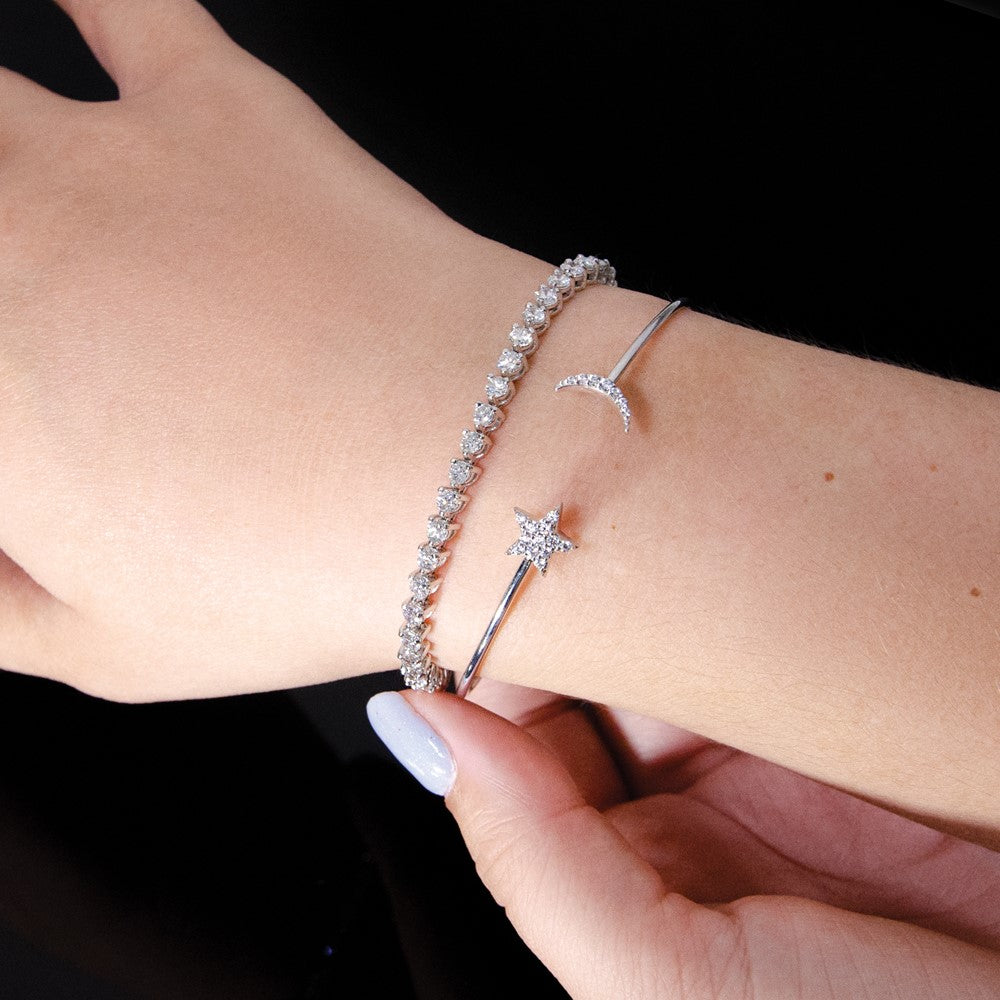Complete 1/4 carat Diamond Moon and Star Flexible Cuff Bangle Bracelet - WBC