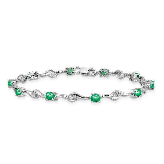 14K White Gold Oval Emerald & Round Sapphire Curved Link Bracelet, 4mm