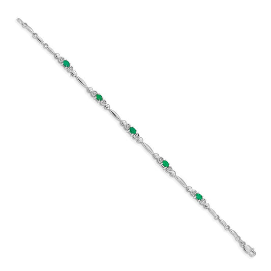 14K White Gold Diamond & Oval Emerald Heart Design Bracelet, 4mm