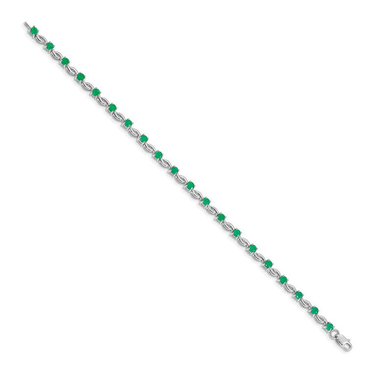 14K White Gold Verde Round Emerald Fancy Link Bracelet, 4mm, Lobster Clasp