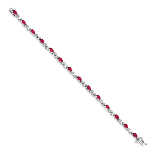14K White Gold Diamond & Oval Ruby Curved Link Bracelet, 4mm