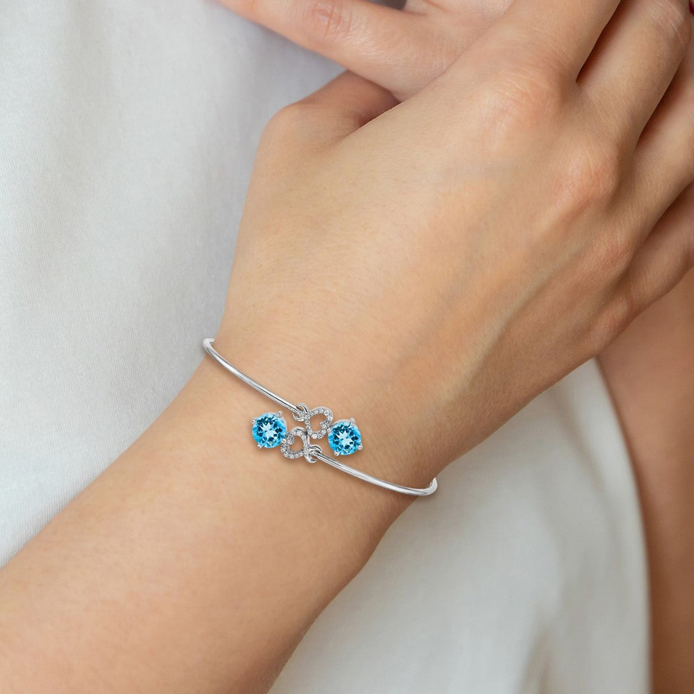 Complete Round Blue Topaz and 1/8 carat Diamond Hearts Flexible Bangle Bracelet - WBC