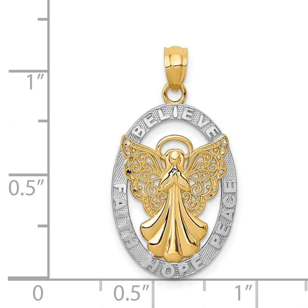 and Rhodium BELIEVE PEACE FAITH HOPE Filigree Angel Pendant - WBC