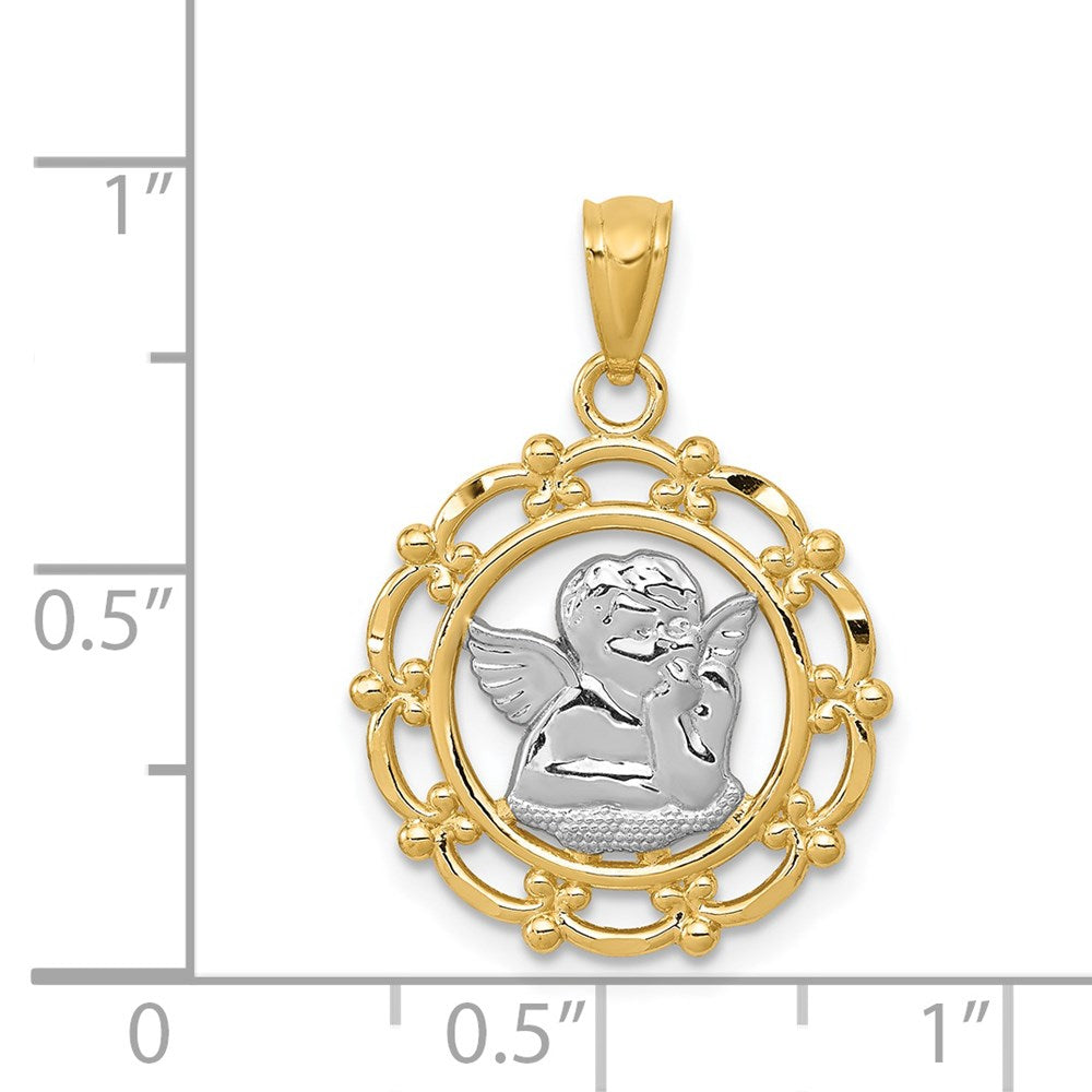 and Rhodium Scalloped Frame Cherub Round Pendant - WBC