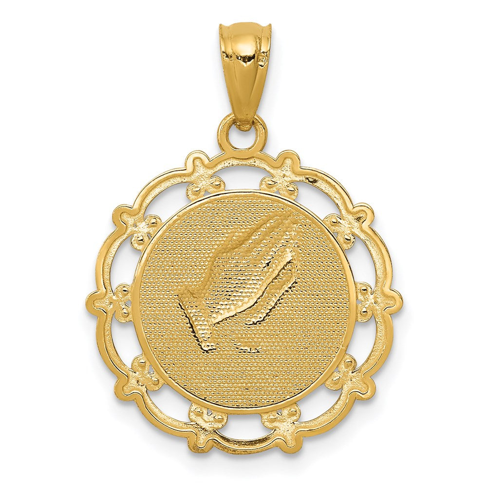 and Rhodium BAPTISM with Praying Hands Scalloped Edge Round Pendant - WBC