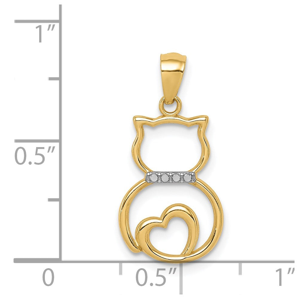 and Rhodium Diamond-cut Sitting Cat with Heart Pendant - WBC