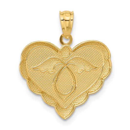 14K Gold Angel in Heart Scalloped Edge Pendant