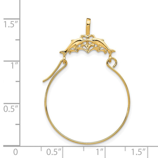 14K Gold Double Dolphins Charm Holder Pendant, 22mm