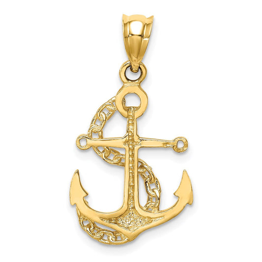 14K Gold Polished Anchor & Chain Pendant