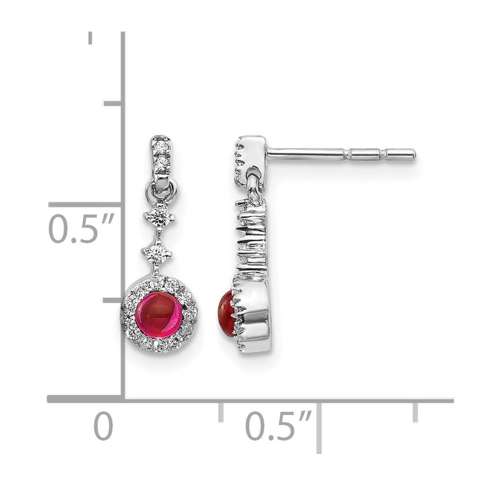 Round Ruby Cabochon and Diamond Halo Dangle Post Earrings - WBC