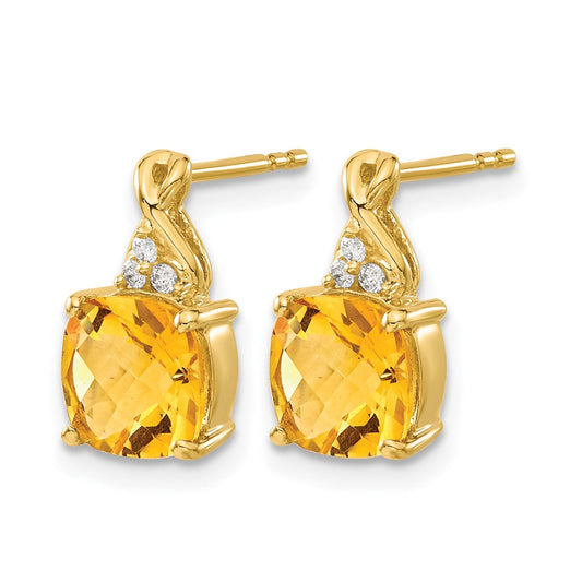 10K Gold Cushion Checkerboard November/ Citrine & Diamond Stud Earrings