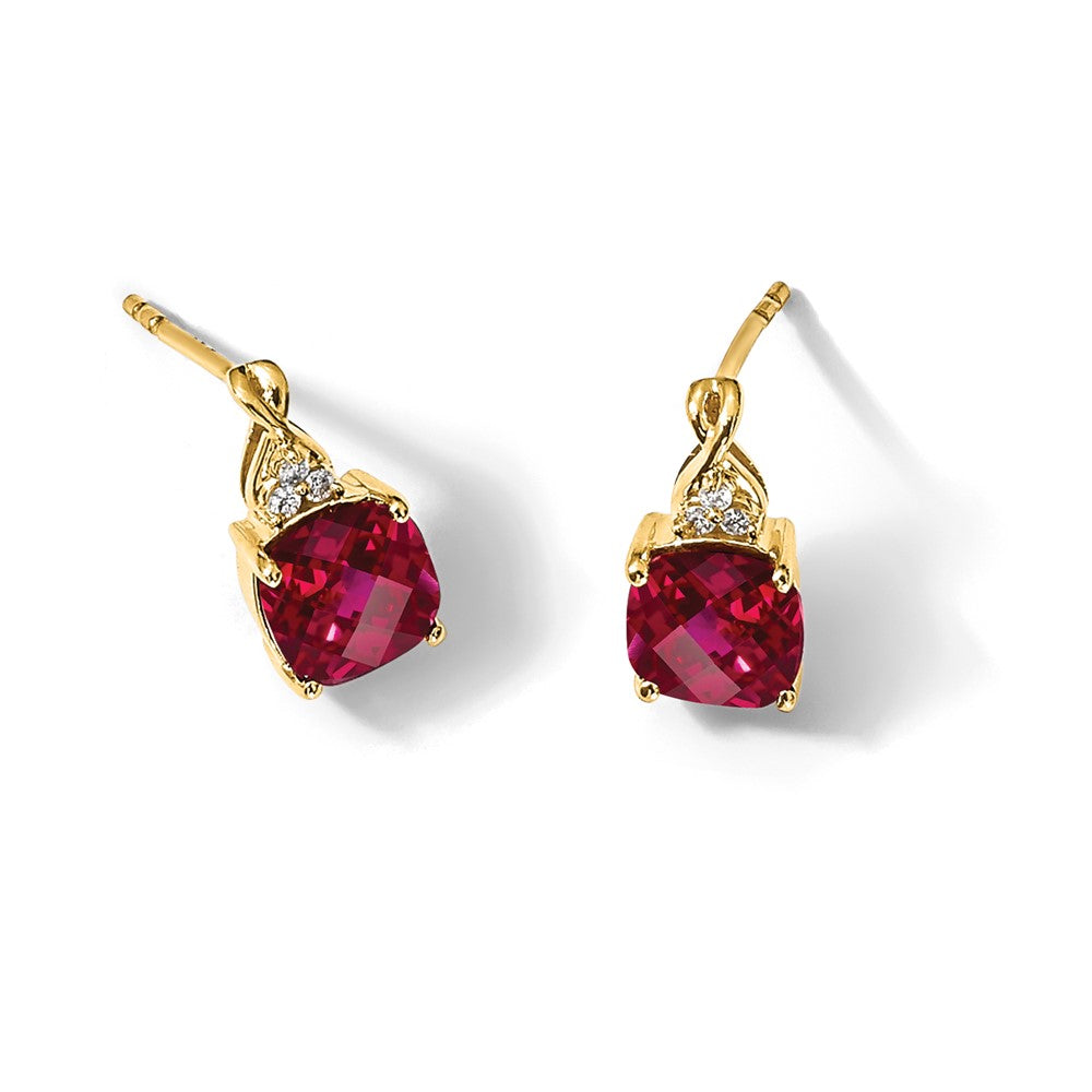 Cushion Checkerboard July/ Lab-Created Ruby and Diamond Post Earrings - WBC
