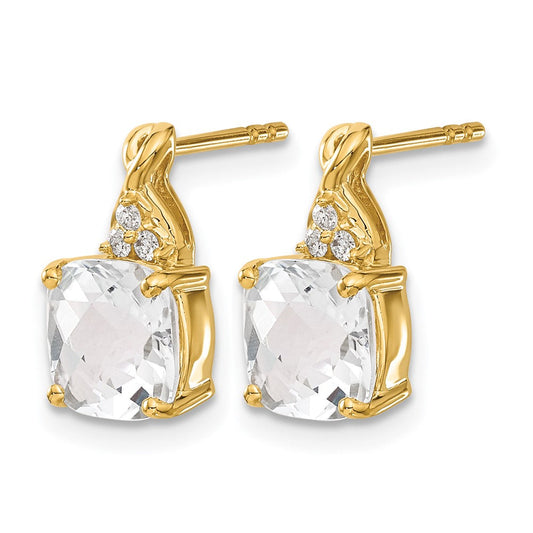 10K Gold Cushion Checkerboard April/ Topaz & Diamond Stud Earrings, 6.75mm