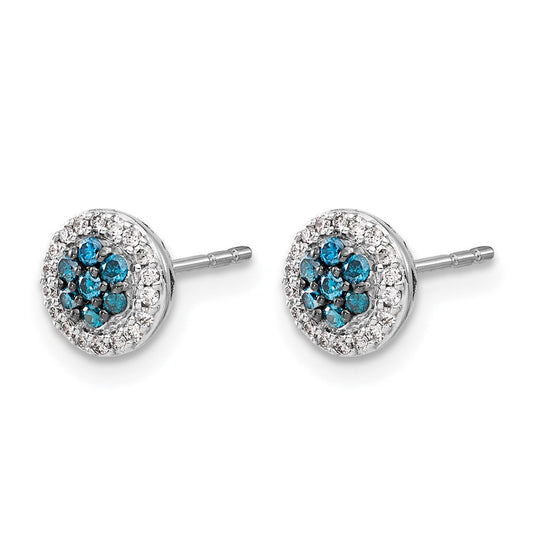 14K White Gold Periwinkle 1/4 ct Blue/ Diamond Cluster Stud Earrings, 7mm