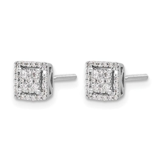 14K White Gold 1/4 ct Diamond Cluster Square Screwback Stud Earrings, 7mm