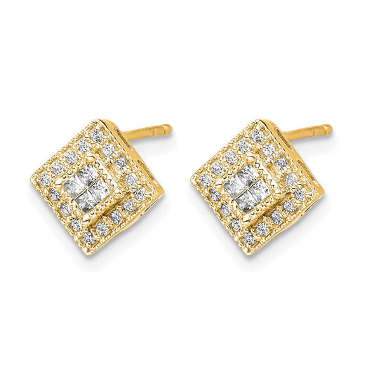 Lozenge 14K Gold Polished 1/4 ct Diamond Square Cluster Stud Earrings, 9mm