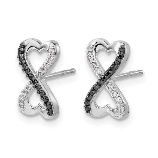 14K White Gold Raven 1/6 ct Black & Diamond Infinity Heart Stud Earrings, 8mm
