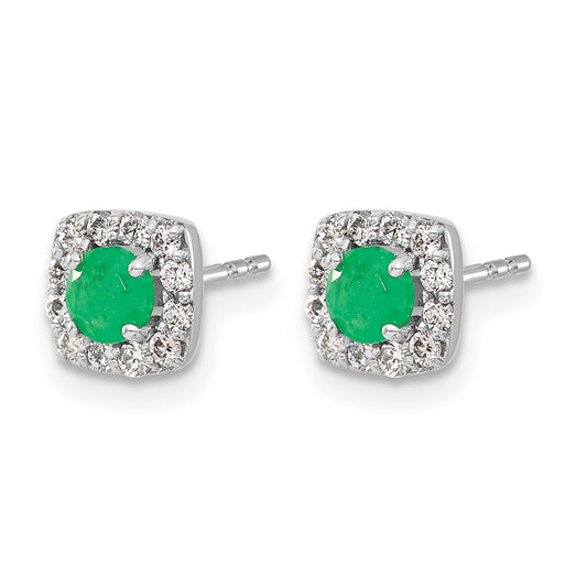 Round Emerald and Diamond Square Halo Post Earrings - WBC