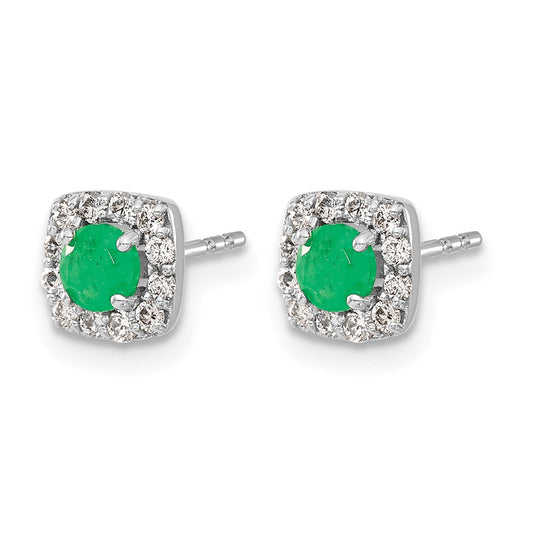 14K White Gold Ivy Round Emerald & Diamond Square Halo Stud Earrings, 6mm