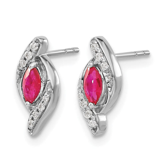 14K White Gold Marquise Ruby & Diamond Stud Earrings, 5mm