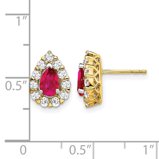 14K Gold Vermilion Pear Ruby & 3/4 ct Diamond Halo Stud Earrings, 8.4mm