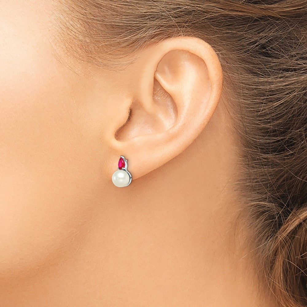 6- Round Freshwater Cultured Pearl and .60RU Pear Ruby Post Earrings - WBC