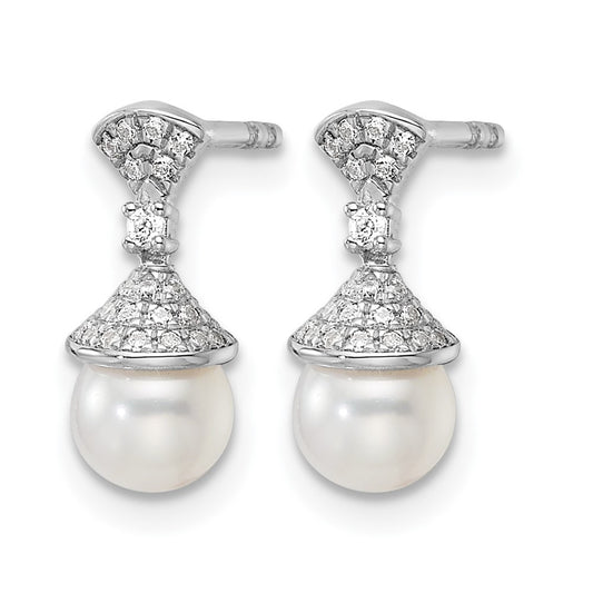 Polished 1/8 carat Diamond and Freshwater Cultured Pearl Drop Post Earrings - WBC