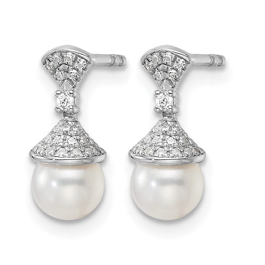 14K White Gold Polished 1/8 ct Diamond & Freshwater Cultured Pearl Drop Stud Earrings