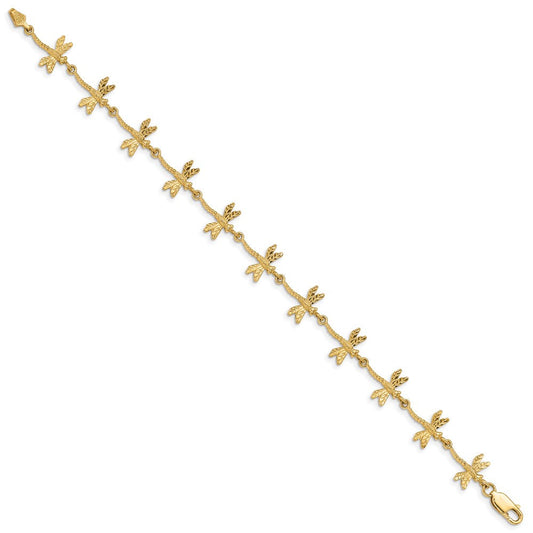 14K Solid Gold Polished & Textured Dragonfly Bracelet, 10mm, Lobster Clasp
