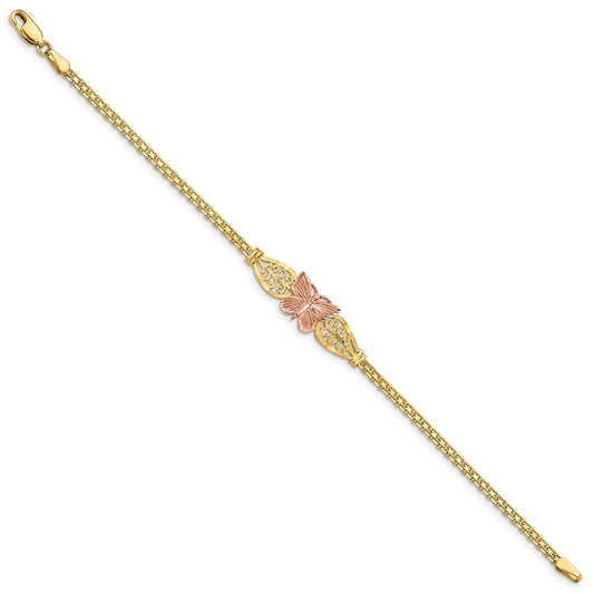 14K Two-Tone Gold Farfalla Diamond-cut Butterfly with Filigree & Bismark Chain Bracelet