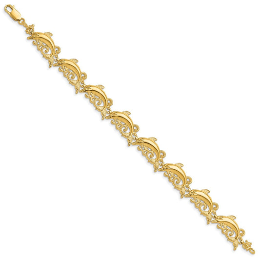 14K Solid Gold Polished Dolphin & Waves Bracelet, 11.35mm, Lobster Clasp
